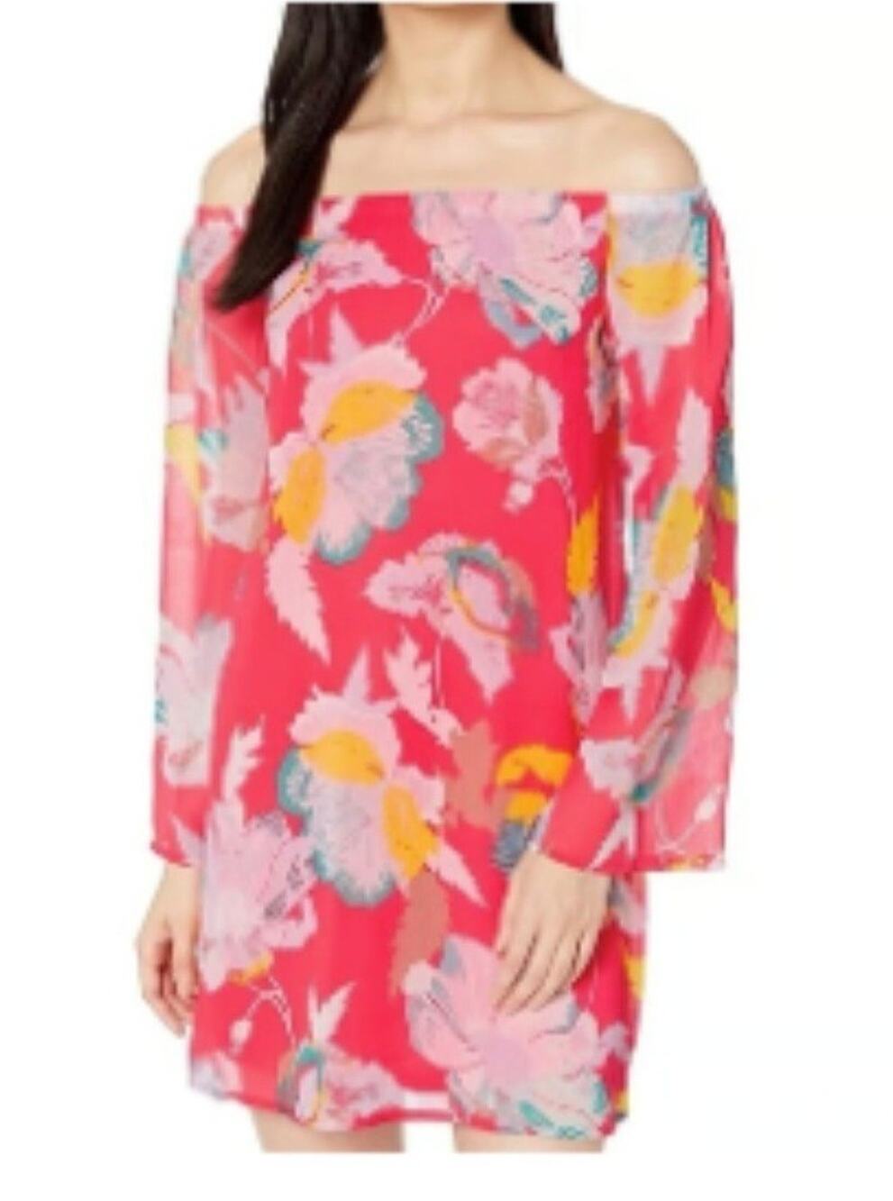 Love Fire Coral Tropical Off Shoulder Dress Lined Flutter Sleeve Vacay Resort XL